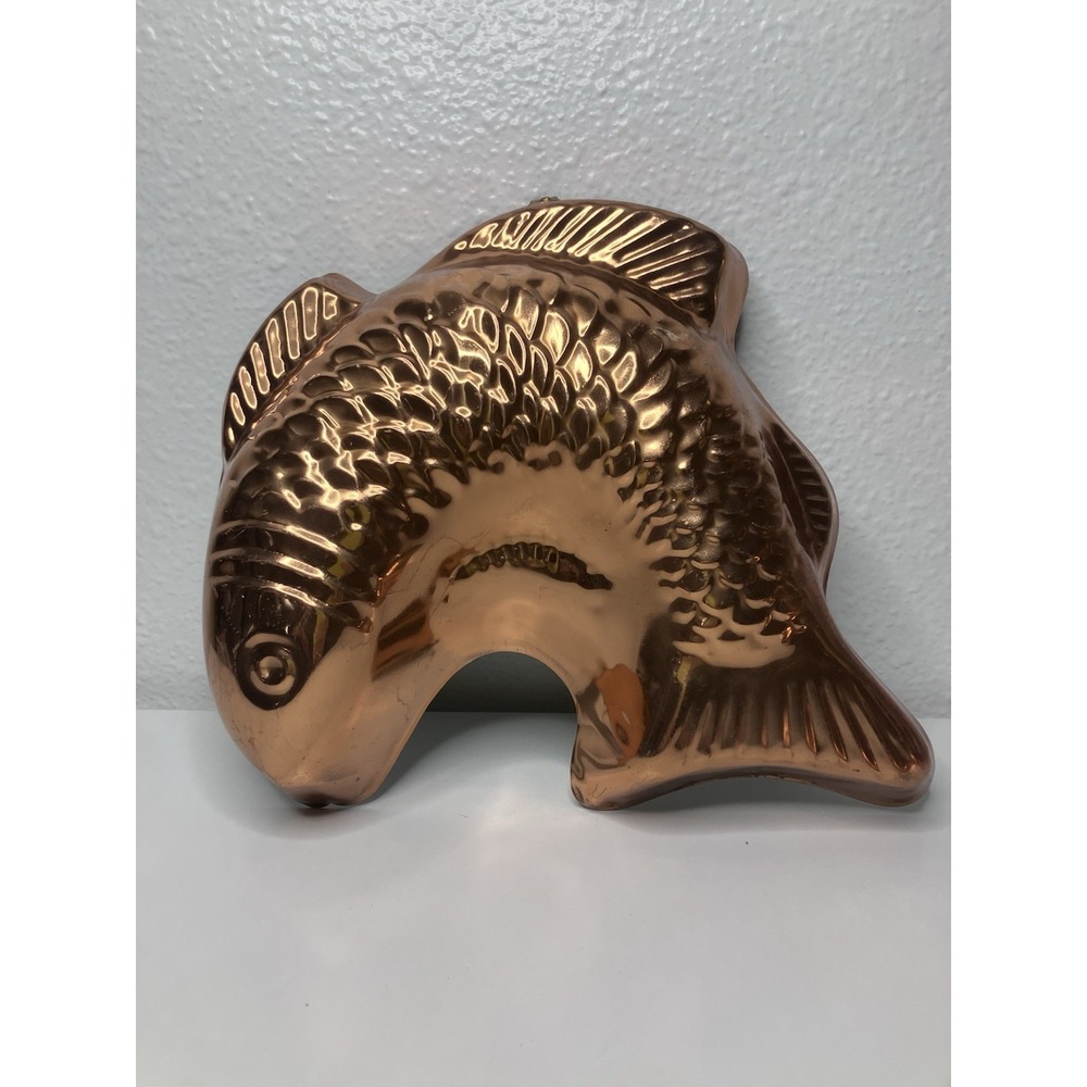 Solid Copper Embossed Fish Koi Jello Baking Mold Made In Korea 8x9" Patina Wall